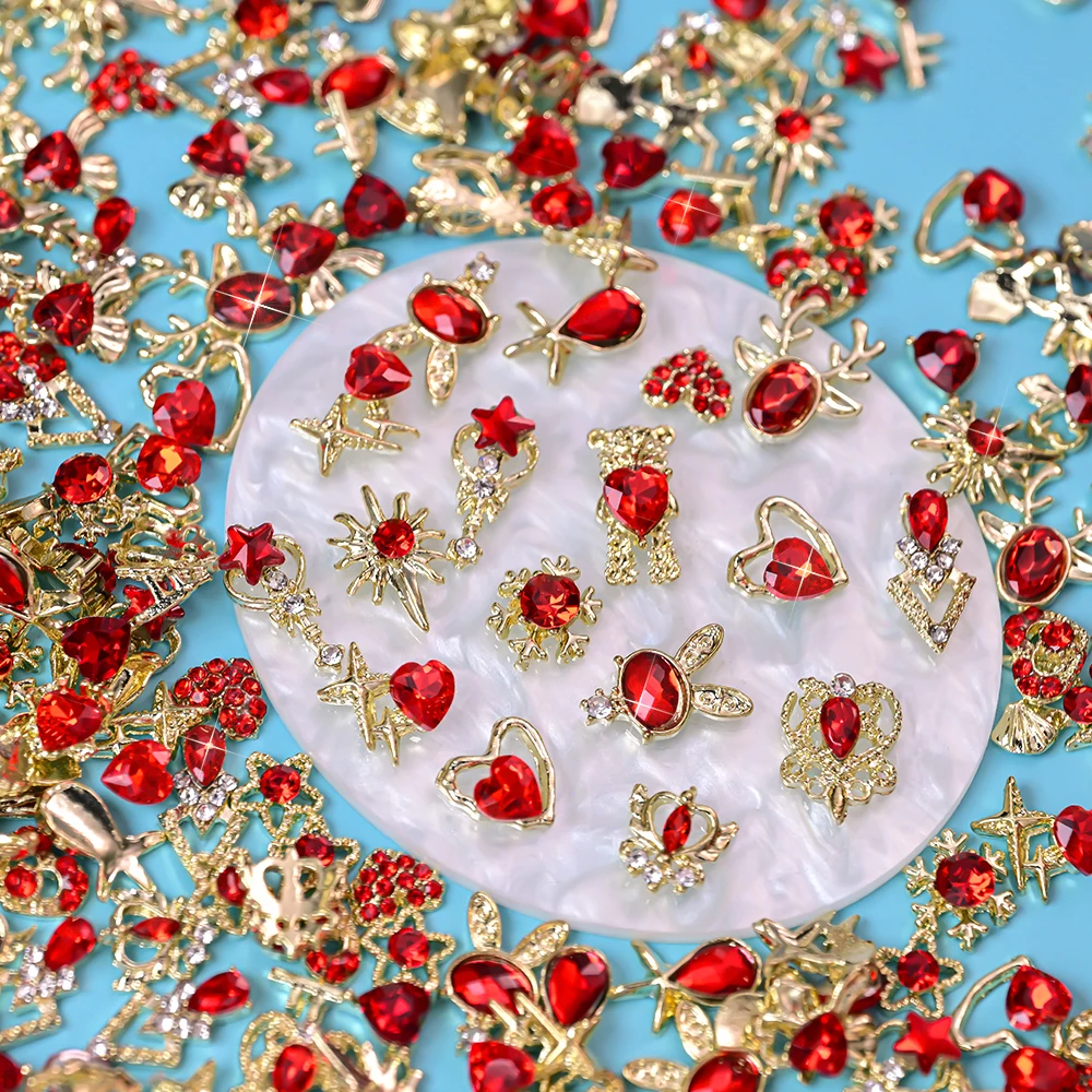 30PCS 3D Red Love Heart Crystal Nail Rhinestones Valentine's Day Luxury Gold Star Bunny Bear Heart Nail Decorations Nail Charms