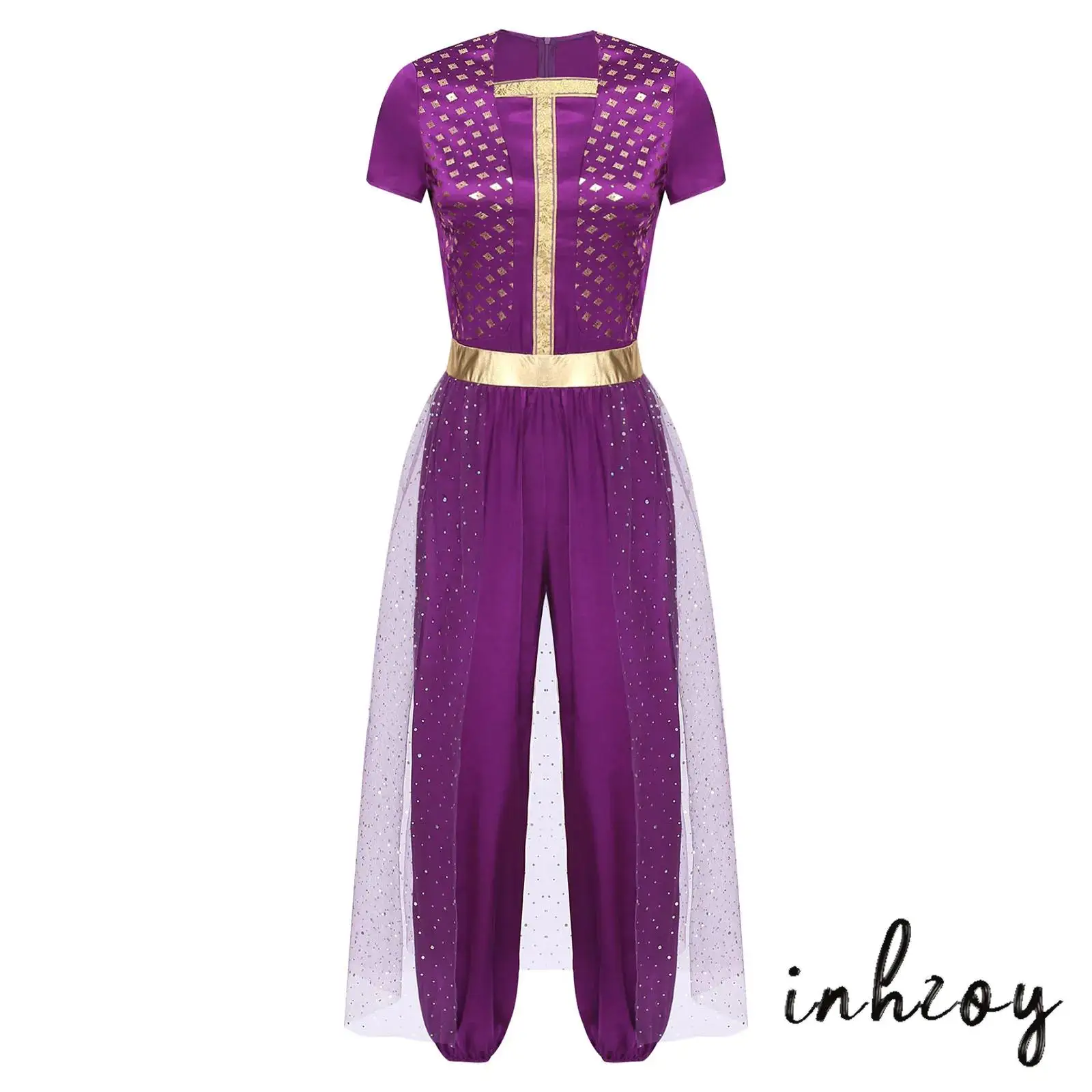 

Halloween Womens Arabian Princess Roleplay Jumpsuit Metallic Shiny Long Pants with Sequined Tulle Goddes Cosplay Romper Costume
