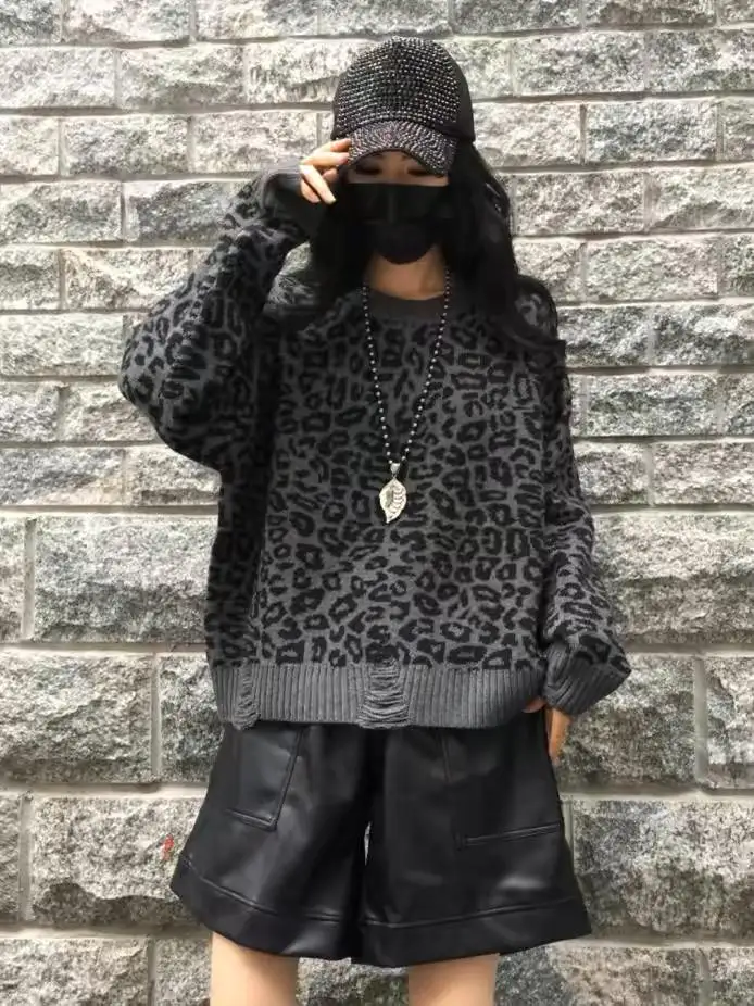 

Autumn Winter Camere Knitwear Women's Loose Long Sve round Ne Leopard Print Tassel Sweater Faionable Korean Sle Ba...