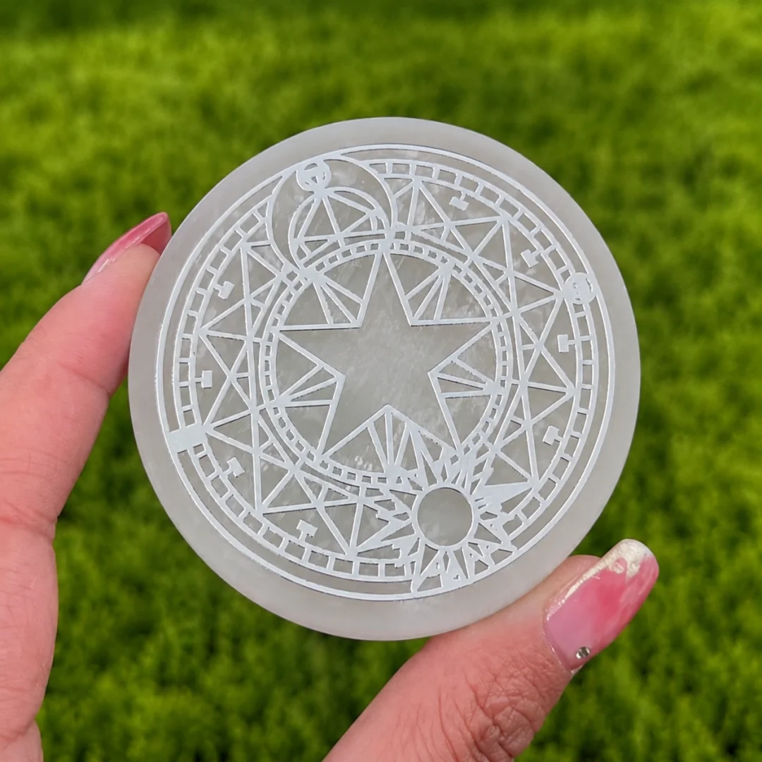 Natural Selenite Round Charging Plate Norse Viking Tree of Life Huginn Muninn Raven Symbol Crystal Slice Home Decor Stone