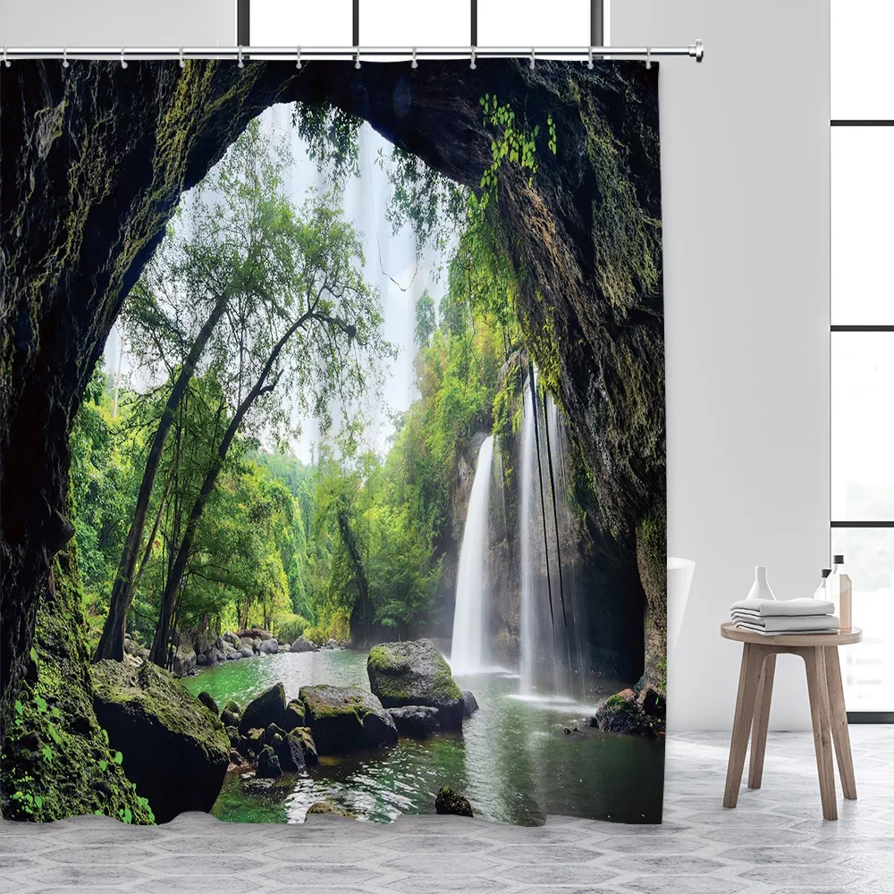 Forest Landscape Shower Curtains Tropical Jungle Plants Waterfall Park Nature Scenery Fabric Bathroom Curtain Decor With Hooks