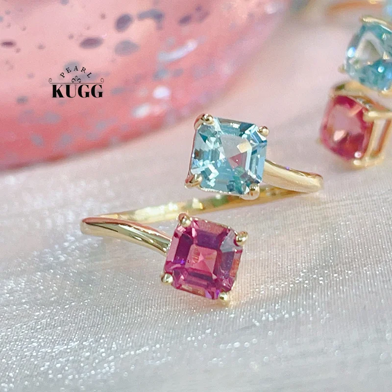 KUGG 100% 18K الذهب الأصفر خواتم النساء رومانسية لون الحلوى تصميم الزبرجد الطبيعي والوردي التورمالين خاتم كوكتيل غرامة مجوهرات