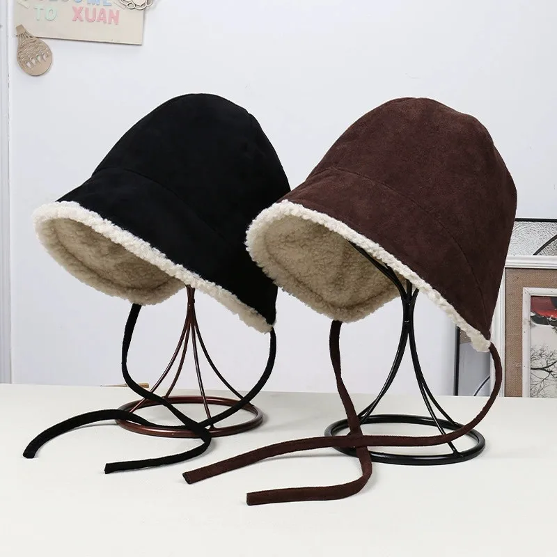 Korean Ins Retro Coffee Suede Strap Bucket Hats Women Autumn Winter Casual Warm Ear Protection Cute Bucket Cap