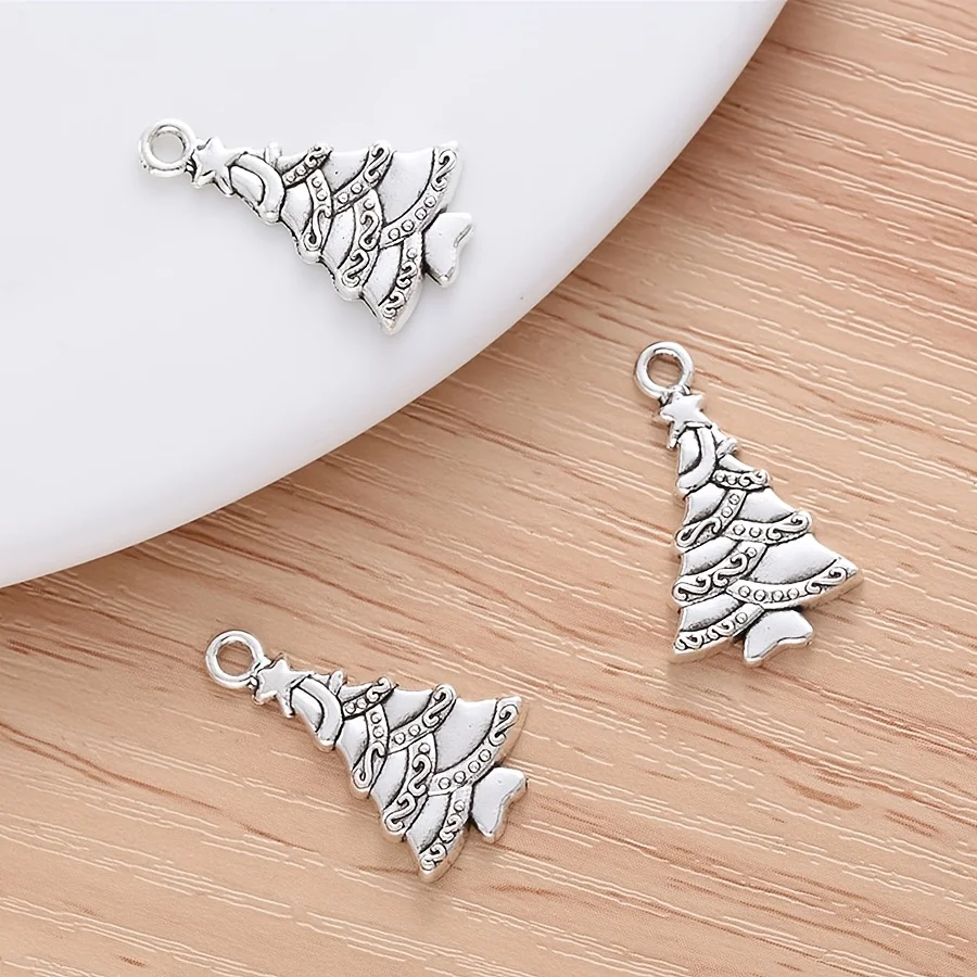 20/30pcs Antique Silver Christmas Tree Charms, Alloy Xmas Tree Pendants for DIY Jewelry Making Bracelet Necklace