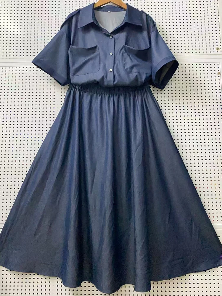 

Retro blue single-breasted pocket short-sleeved shirt elastic waist big swing skirt new two-piece loose women's suit in summer