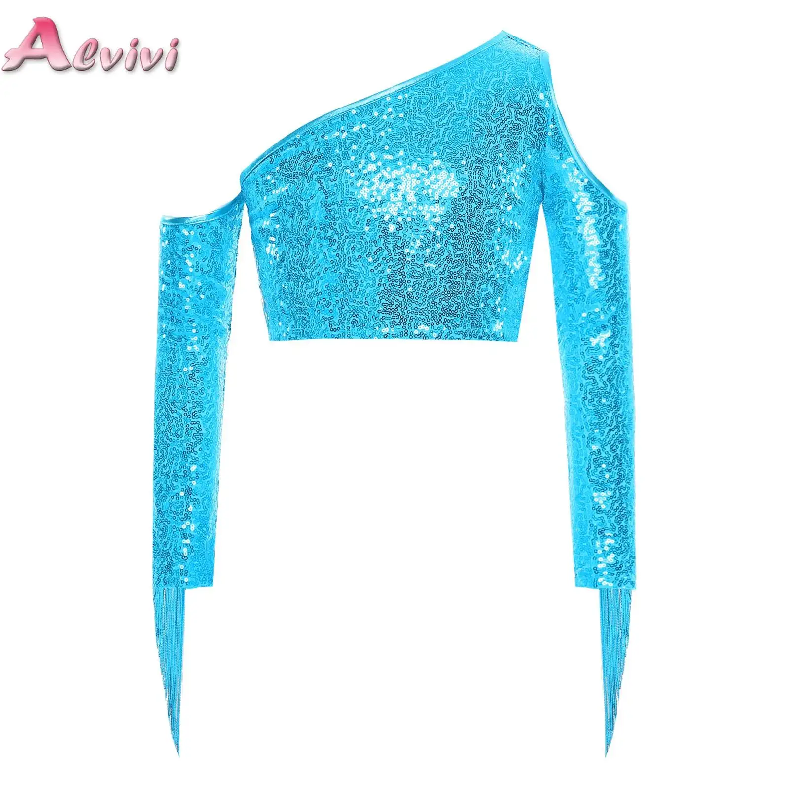 

Children's Tassels Sequins Tops Streetwear Kids Girls Single Long Sleeve Crop Top T-shirts Fashion Stage Performance Costumes