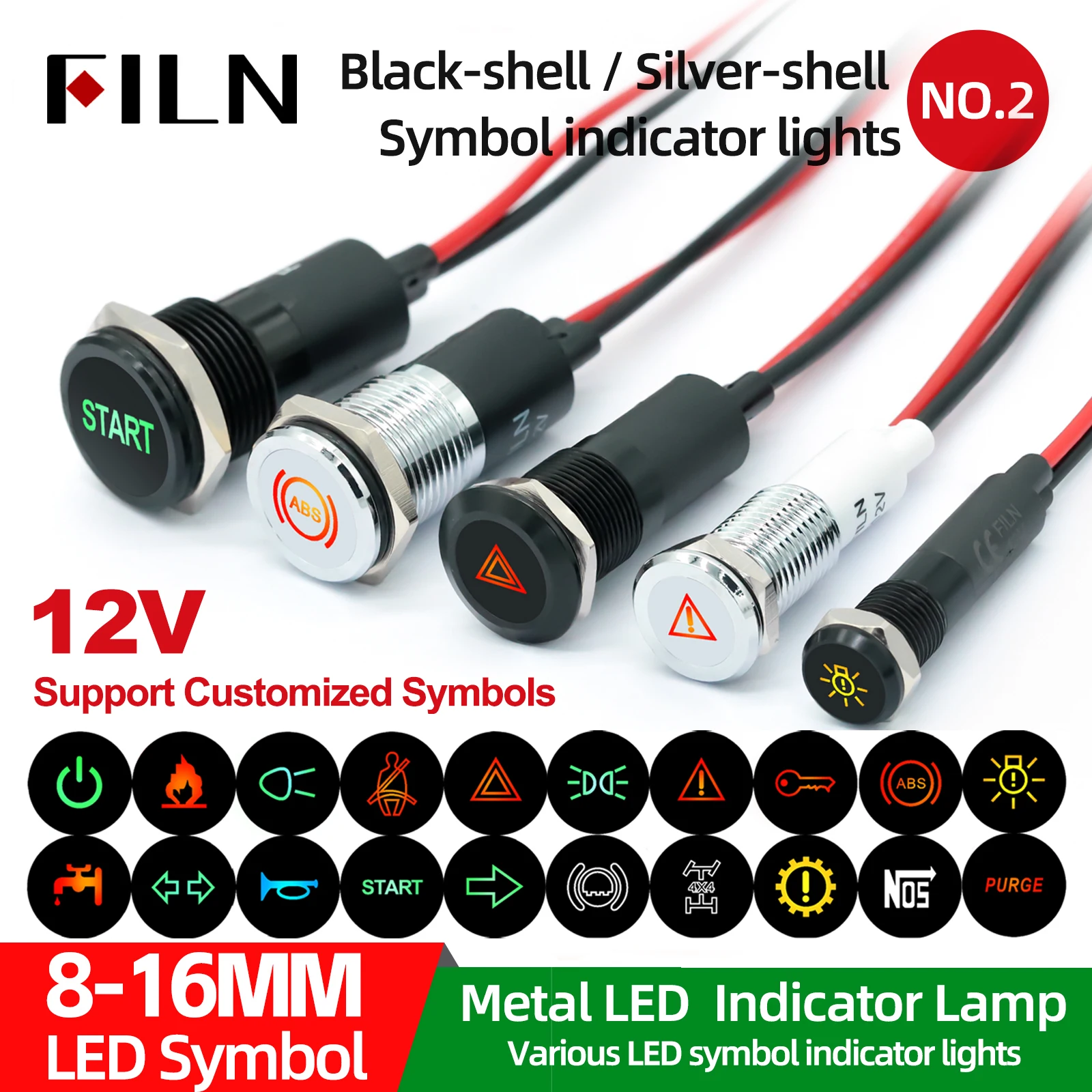FILN 12V 24V Symbol Pilot Led Light Metal Indicator 8mm 10mm 12mm 14mm 16mm Car Dashboard Truck Dash Construction Marine