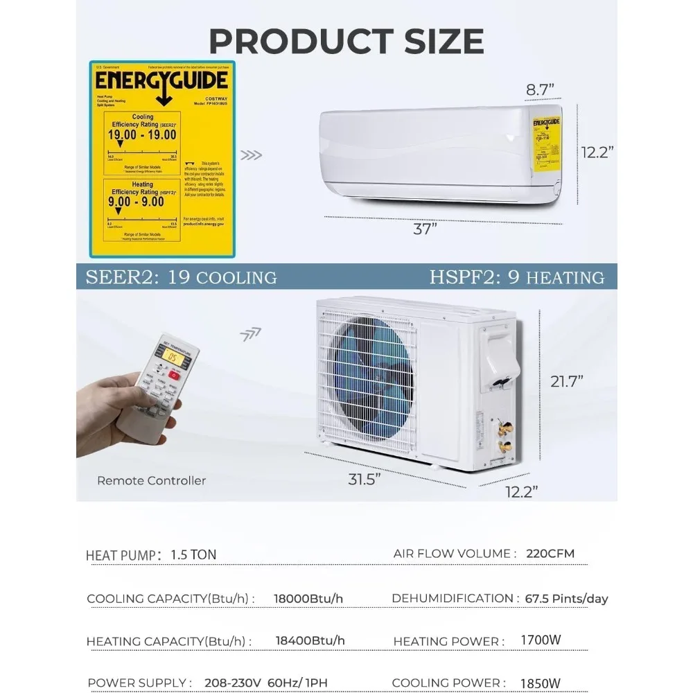 18000BTU Ductless Mini Split Air Conditioner, 19 SEER2 Pre-Charged Condenser, 220V Cooling & Heating Unit, White, Custom
