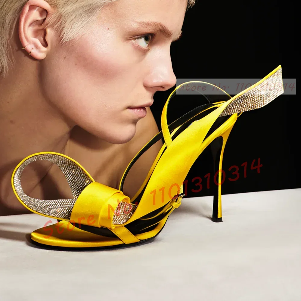

Crystal Ribbon High Heels Sandals Sexy Women Yellow Cross Strap Luxury Satin Sandals Summer Large Size Shiny Party Dress Sandals