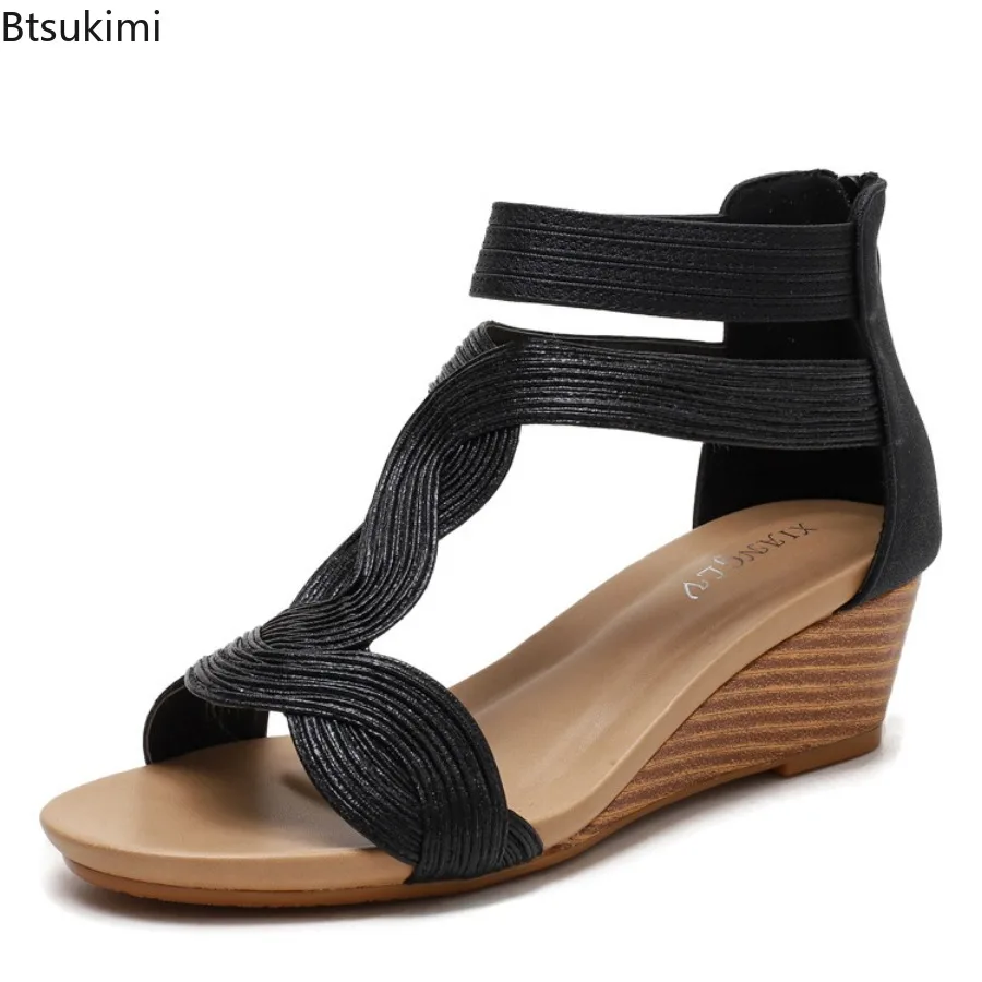 Fashion Bohemia Style Women Sandals Summer Wedge Heel Roman Shoes Ladies Outdoor Casual Sandals Comfy High Heel Shoes Plus Size
