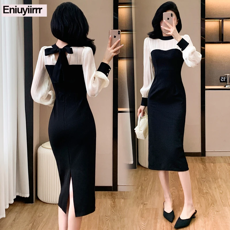 ชุดเดรสทรงดินสอผ่าข้างยาว แต่งผ้าปะติด สไตล์ใหม่ แฟชั่นผู้หญิง สง่างาม สีดำ แนวผู้หญิง สำหรับใส่ทำงานในออฟฟิศ