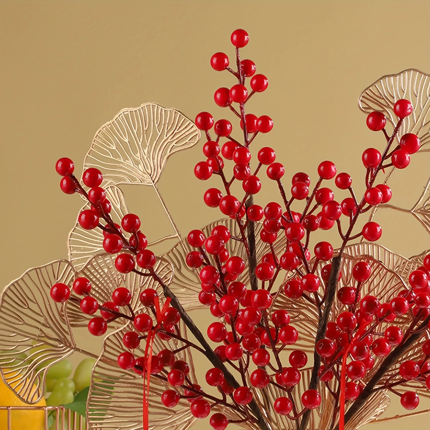 

1 Set Red Artificial Berry Branch with Fake Golden Leaves Stem, Faux Flowers for Chinese New Year Spring Festival, Potted Plants