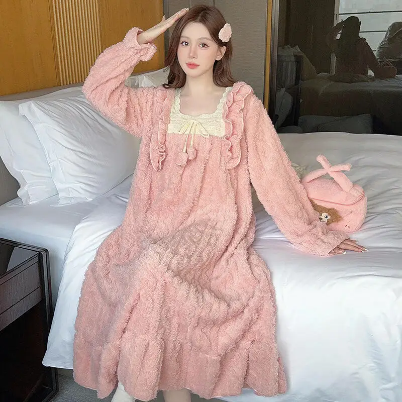 

Женская ночная рубашка с длинным рукавом из кораллового флиса, бархатная одежда для сна, зимняя теплая толстая однотонная длина, домашнее платье, одежда для дома, пижамы