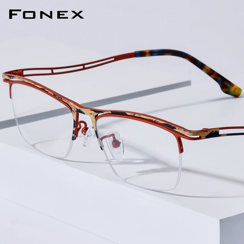 FONEX Titanium Glasses Frame Men 2026 Brand Design Semi-Rimless Square Eyeglasses Half-Rim Japanese Ultralight Eyewear 85890
