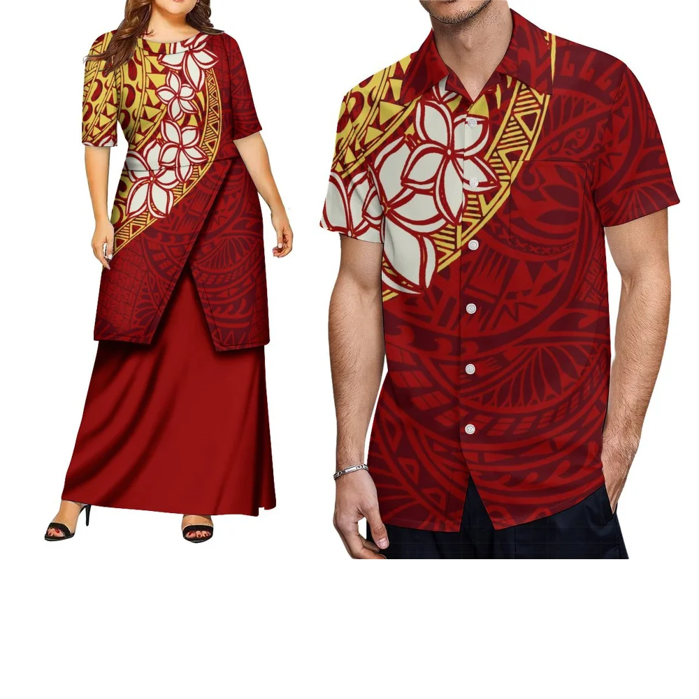 فستان أنيق من القماش المريح مصنوع حسب الطلب من بولينيزيا المطبوع للنساء وقميص جيب ريترو للرجال
