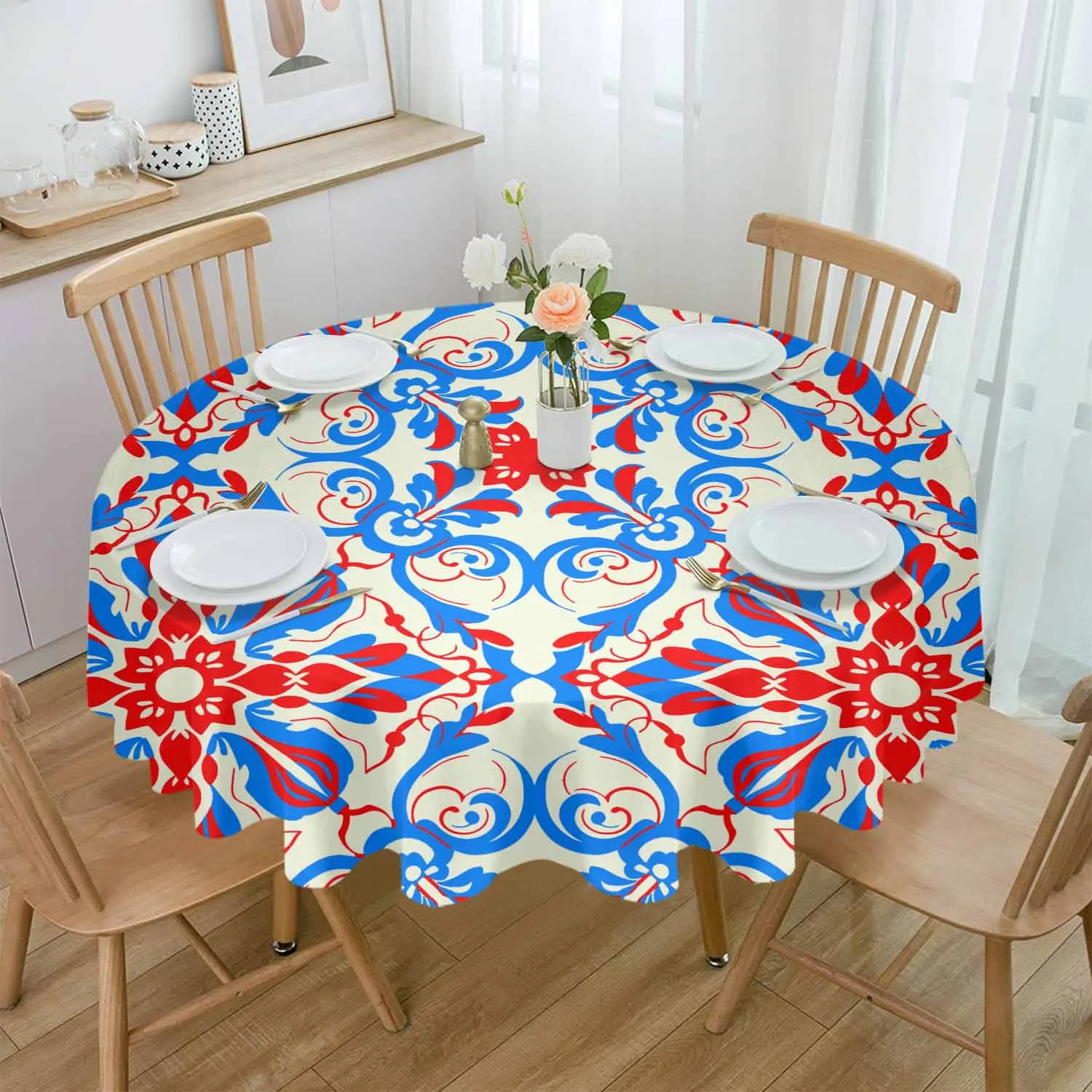 

Bohemian Lines Floral Texture Round Table Cloth Waterproof Wedding Holiday Tablecloth Coffee Table Decor Table Cover