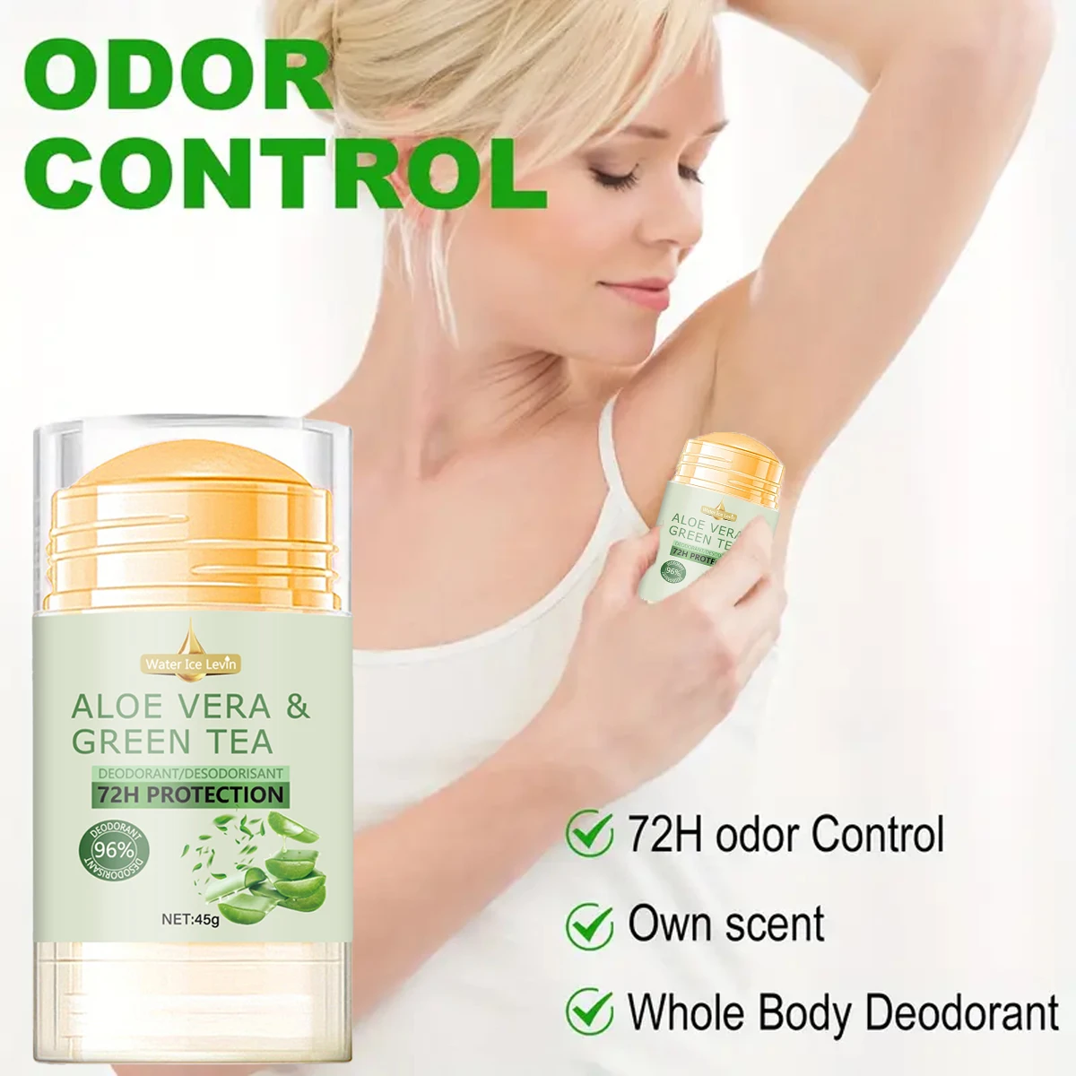 Water Ice Levin Deodorant with Aloe Vera & Green Tea 72H Protection & 96% Effectiveness for Gentle yet Powerful Care. 45g.
