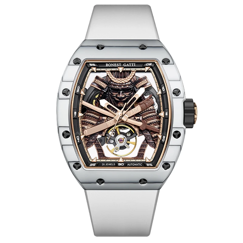 BONEST GATTI ผู้ชายนาฬิกาอัตโนมัติ 42 มม.* 54 มม.Tonneau นาฬิกาข้อมือ Luminous คาร์บอนไฟเบอร์ BEZEL Luminous Skeleton Ninja Dial