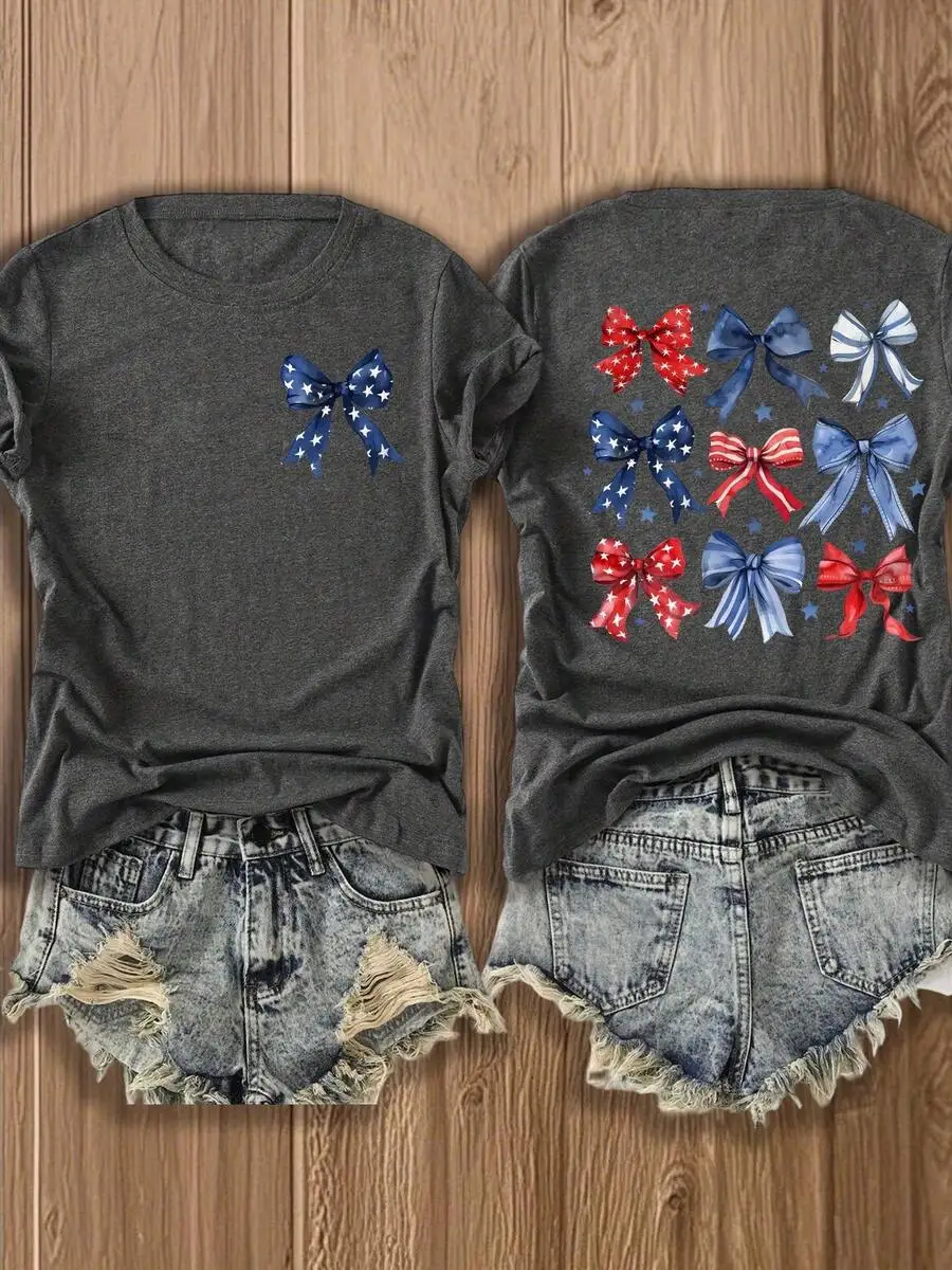 

Patriotic Bow Print Cotton Blend T-Shirt Double-Sided Design Red White Blue For 4th Of July Summer Casual Wear