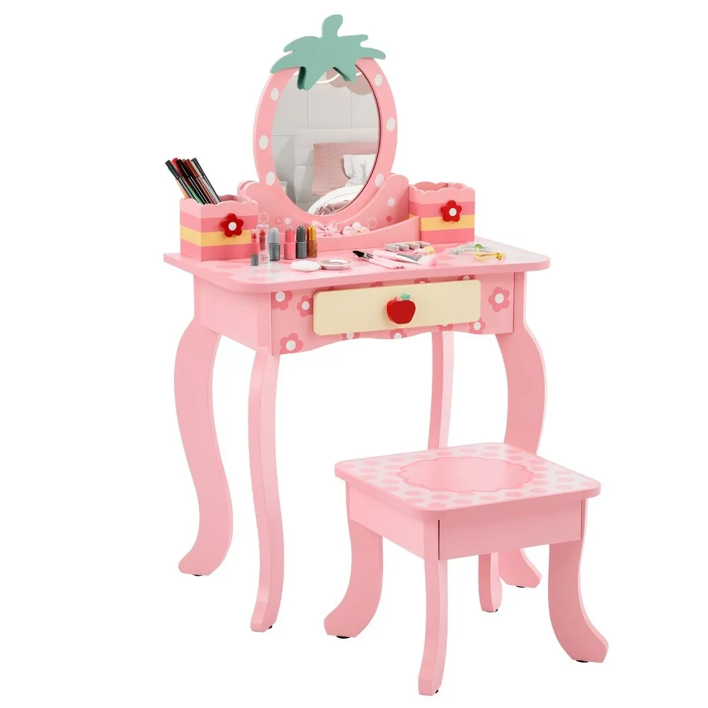 Girls Gift Vanity Makeup Table Girls Dressing Table Set with Mirror and Stool