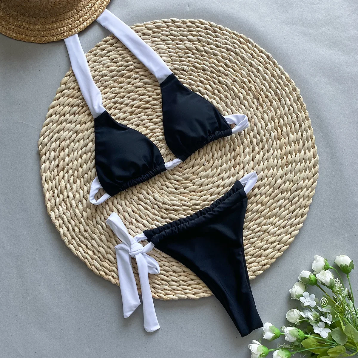 Sexy negro bloque de color blanco micro mini bikinis conjuntos de dos piezas traje de baño ropa de playa mujeres tanga trajes de baño biquini