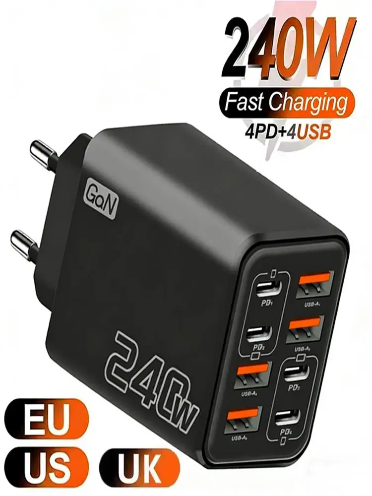 240W GaN USB-C-Ladegerät 8-in-1 Schnellladegerät Handy-Ladegerät Netzteil Typ C EU/US-Stecker Wandladegerät für iPhone Samsung Xiaomi