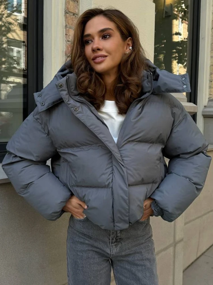Tossy Casual Solid Hooded Short Parker Coat For Women Warm Long Sleeves Loose Pocket Zipper Winter Long Sleeves 2025 Parker Coat