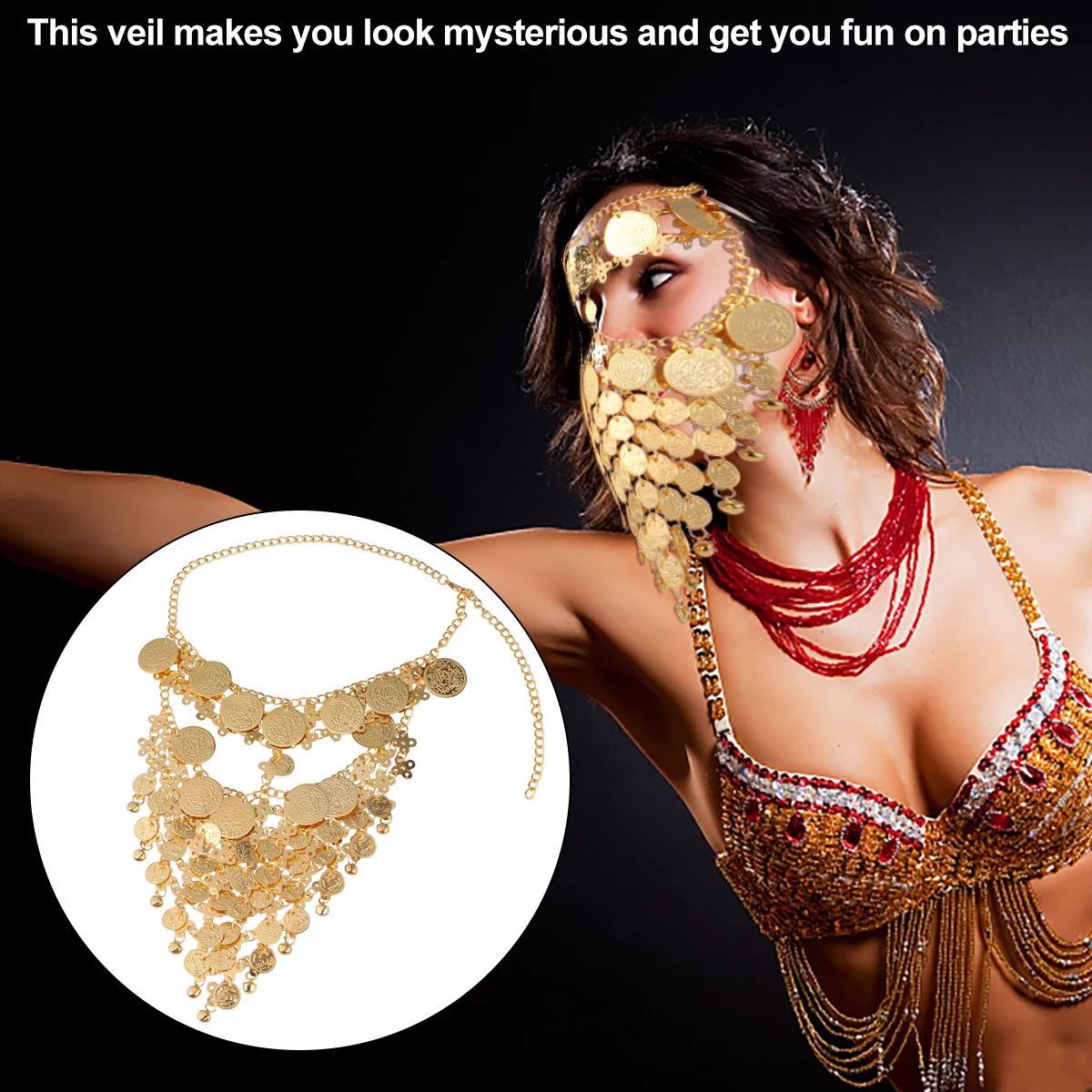 

Metallic Veil Half Face Mask Golden Color Belly Dance Accessories Masquerade Women Hair Decor Metal Head Chain Sequins Bells
