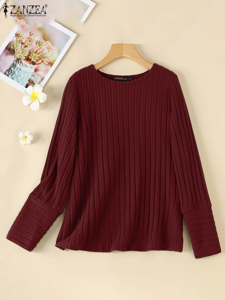 ZANZEA 2024 Fashion Autumn Blouse Women Elegant Long Sleeve Ribbed Robe Tops Casual Solid OL Work Shirt Spring Pullover Blusas