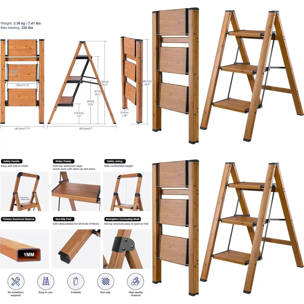 

Алюминиевый трехступенчатый складной табурет с отделкой под дерево, противоскользящий, портативный и прочный для домашнего, кухни и офисного использования, опоры