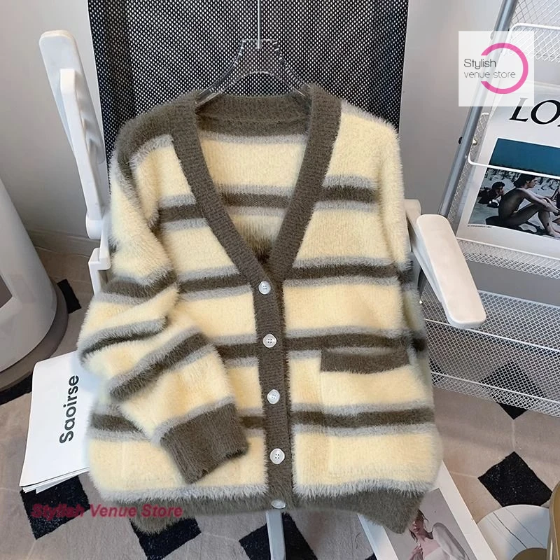 

French retro striped casual coat mink velvet women's autumn and winter long slim college style cute wool knit cardigan loose top