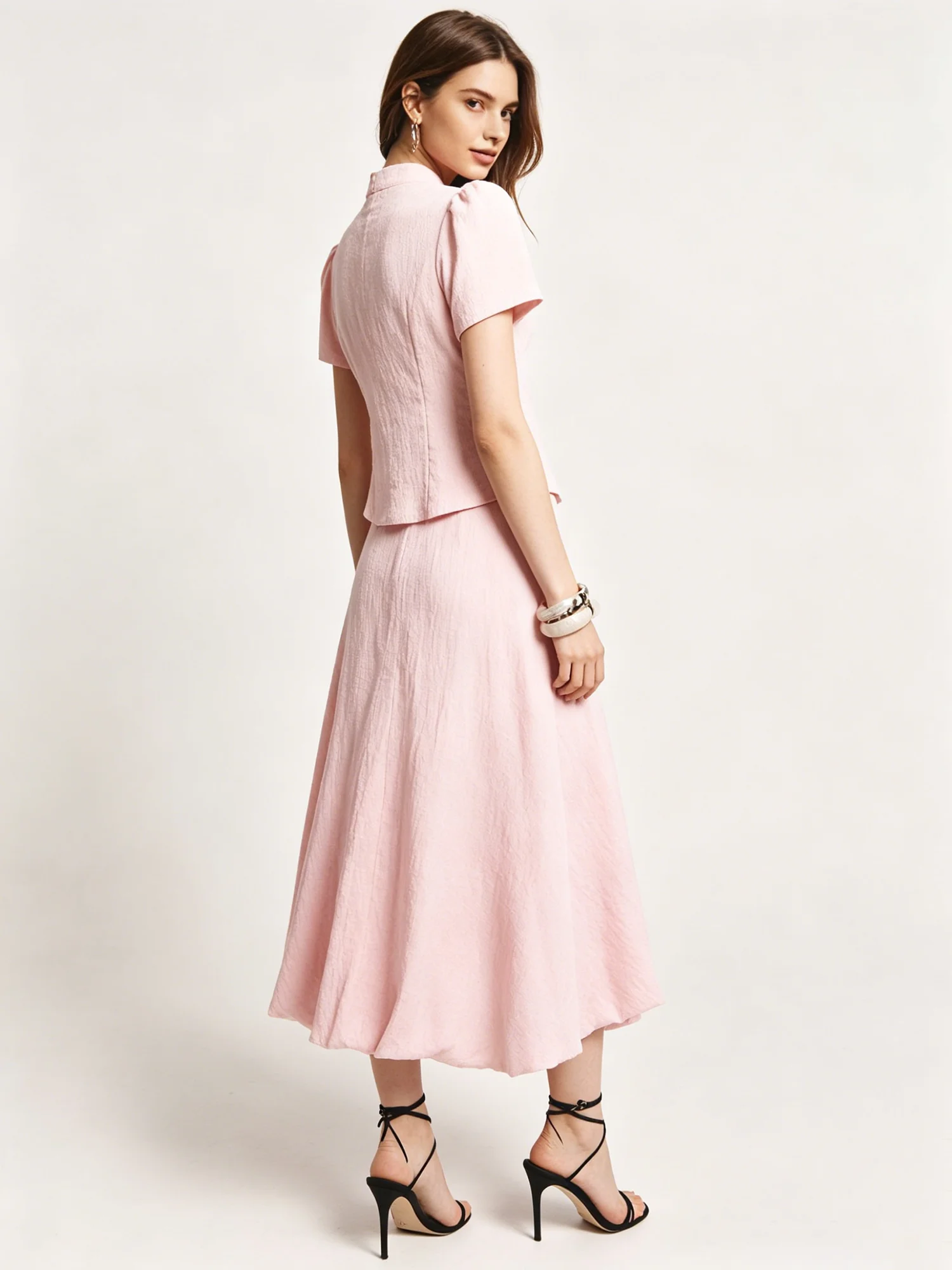 LIMO Pink Cheongsam Collar 2 Piece Outfit Hollow Neck Blouse Flowy Midi Skirt Women Suit view 2