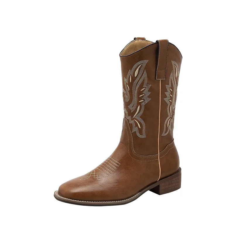 AIYUQI Women's Western Cowboy Boots 2026 New Fall Thick-Heeled Embroidered Riding Boots Retro Plus-Size Long Boots Wome