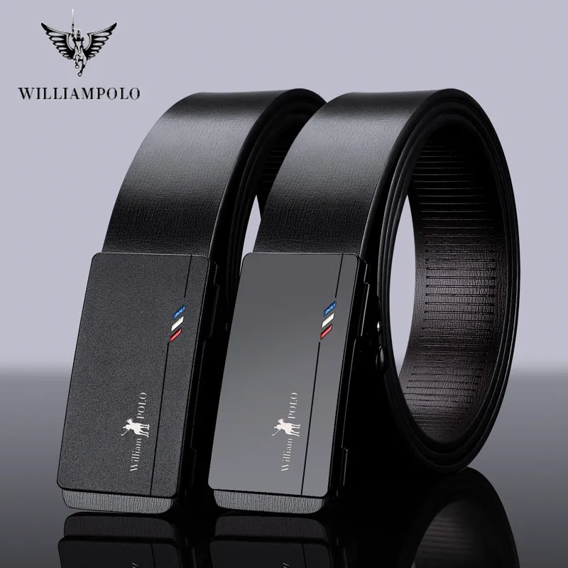 WILLIAMPOLO Men Belt Metal Luxury Brand Automatic Buckle Leather High Quality Belts for Men Business Work Casual Strap