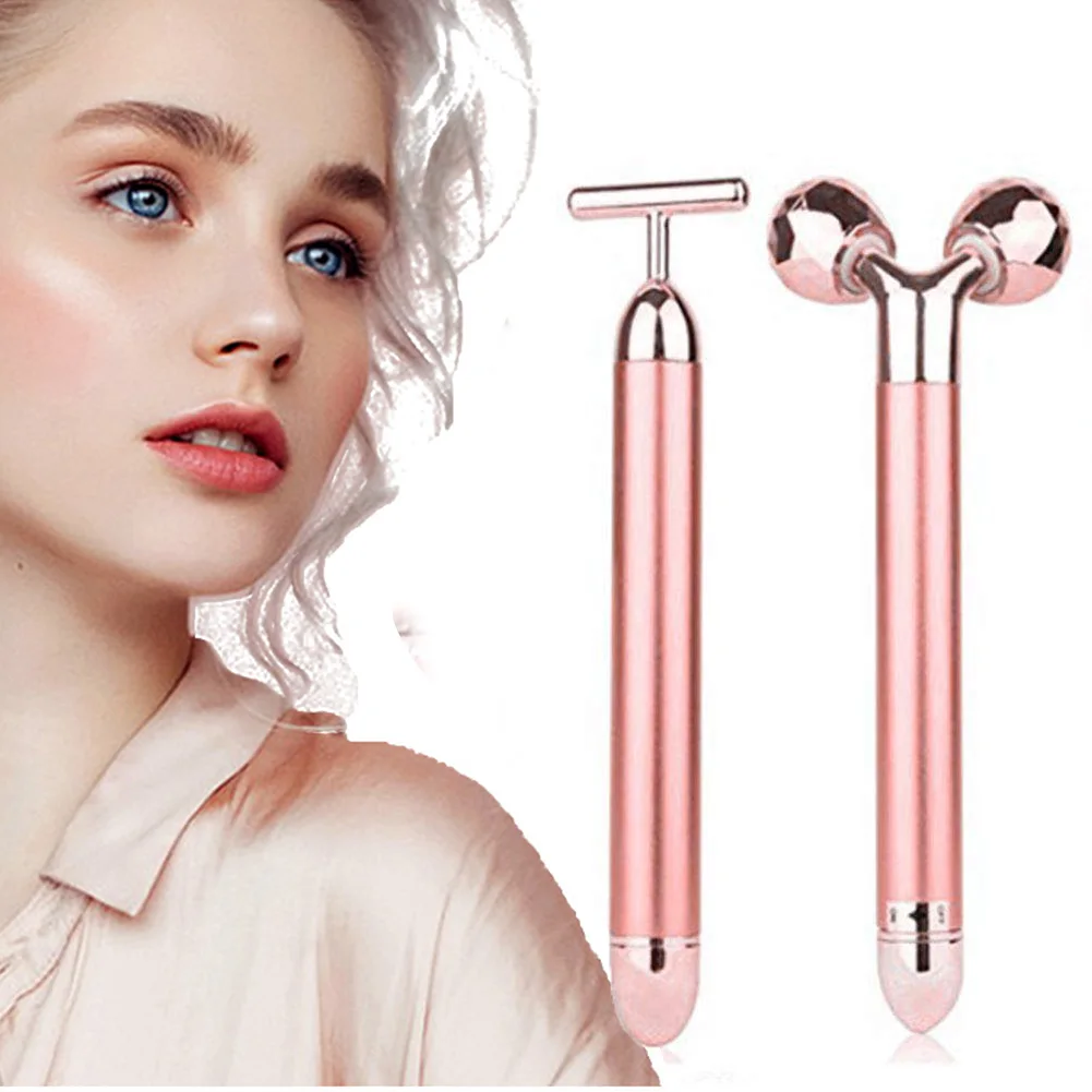 24K Goud Schoonheid Bar Gezicht Massager Elektrische Vibrerende Rose Quartz 3D Roller Gezicht Lifting Body Facial 3D Gua Sha jade Roller