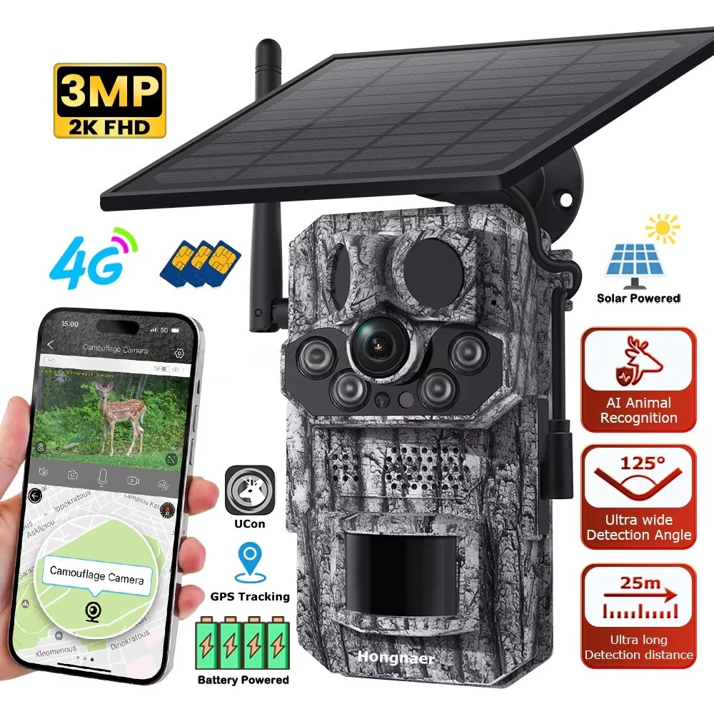 

Hongnaer 3MP Camouflage Wireless Solar Powered Surveillance Security Camera UCon GPS Trail 4G Sim Card Solar CCTV Hunting Camera