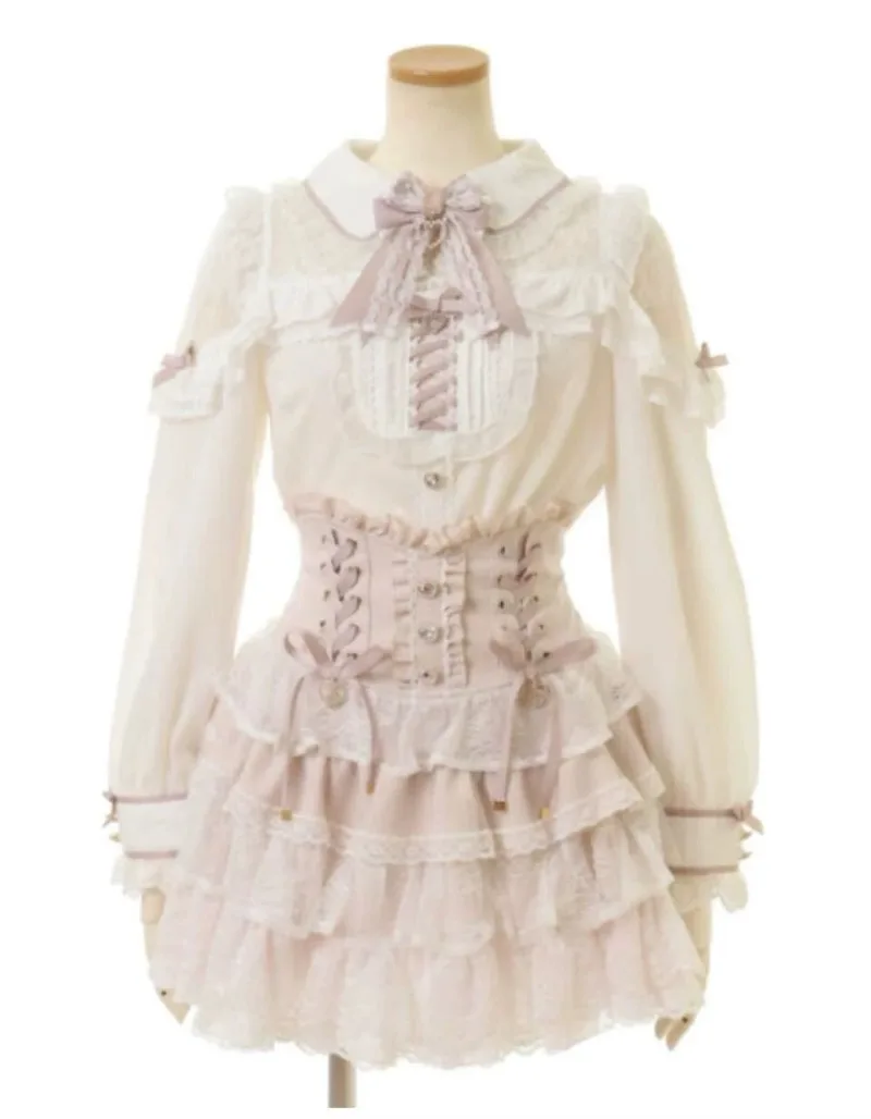 

Японская тонкая кружевная женская одежда с открытыми плечами и бантом, универсальные блузки в консервативном стиле, японские изысканные блузки на шнурке