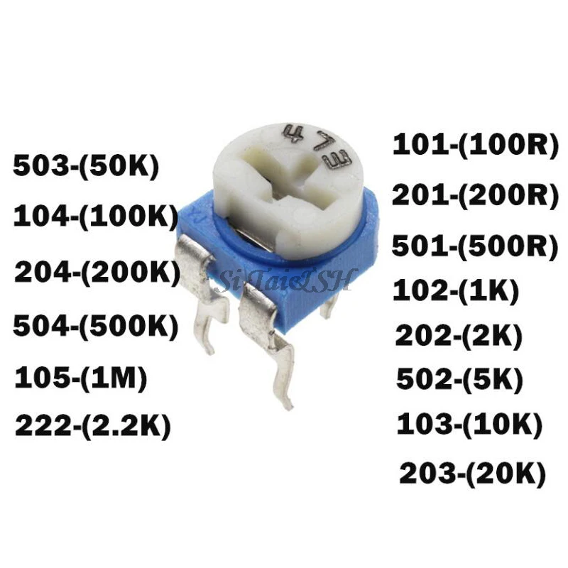 可変抵抗器ポテンショメータ,トリミングポットトリマー,RM-065, 100, 200, 500オーム,1k,2k,5k,10k,20k,50k,100k,200k 500k、1mオーム、50個