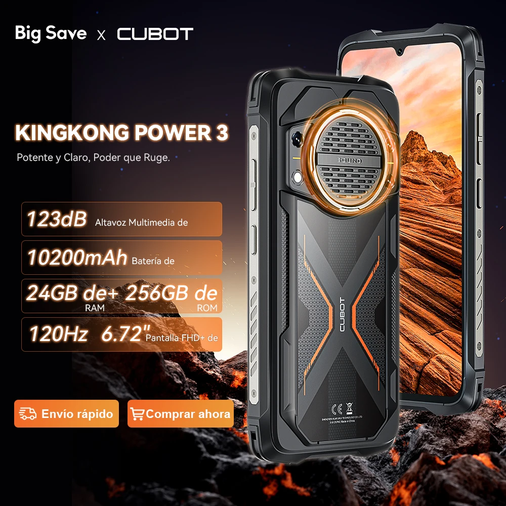 Cubot KingKong Power 3, Smartphone Android 14, Altavoz de 123dB, Helio G99, Pantalla de 6,72" de 120Hz, Ampliable hasta 24GB de RAM, 256GB de ROM, Batería de 10200mAh, Cámara de 100MP, NFC, 4G movil