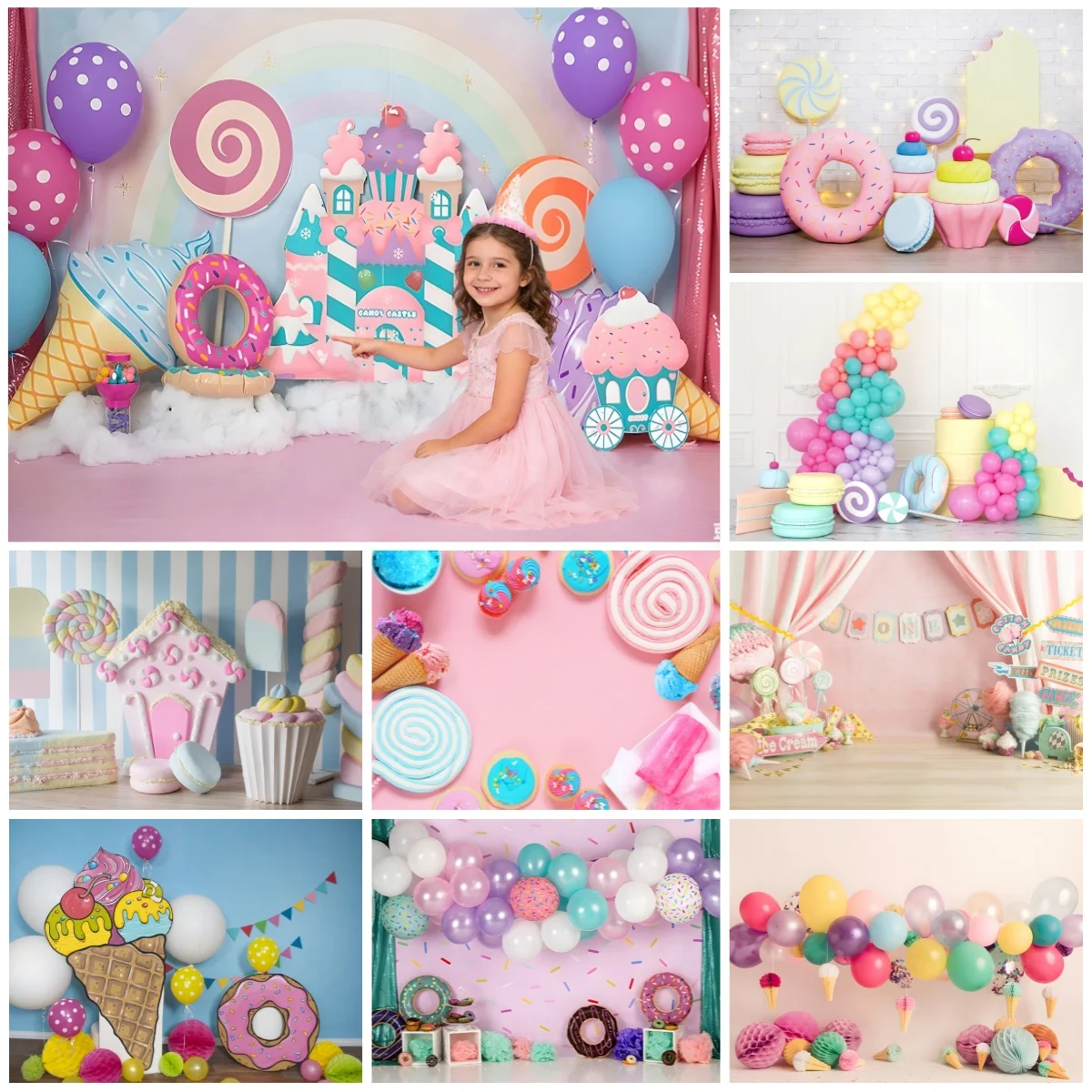 

Розовый фон для фотосессии на день рождения в стиле десертов: пончики, мороженое, воздушные шары, декор для девочек, фон для портретной фотографии