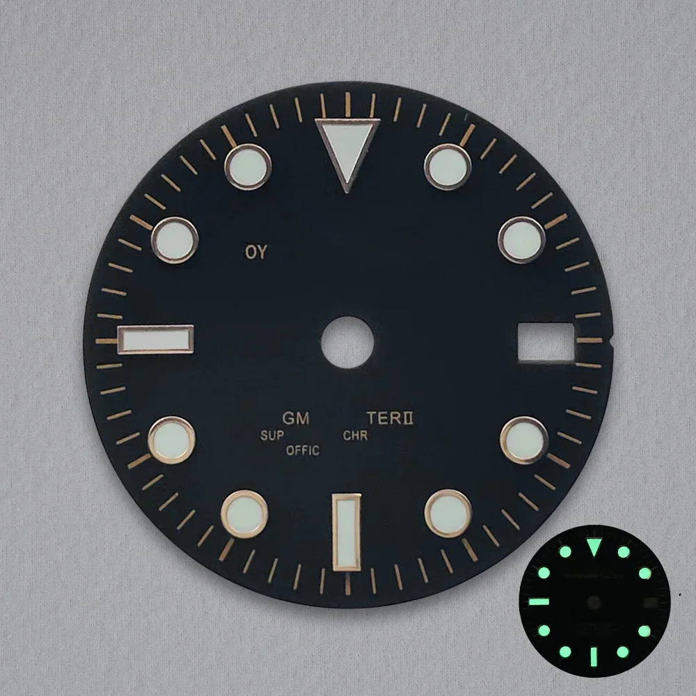 Esfera NH34 con logotipo S de 28,5mm, esfera negra GMT mate compatible con movimiento NH34, accesorios de modificación de reloj luminoso verde