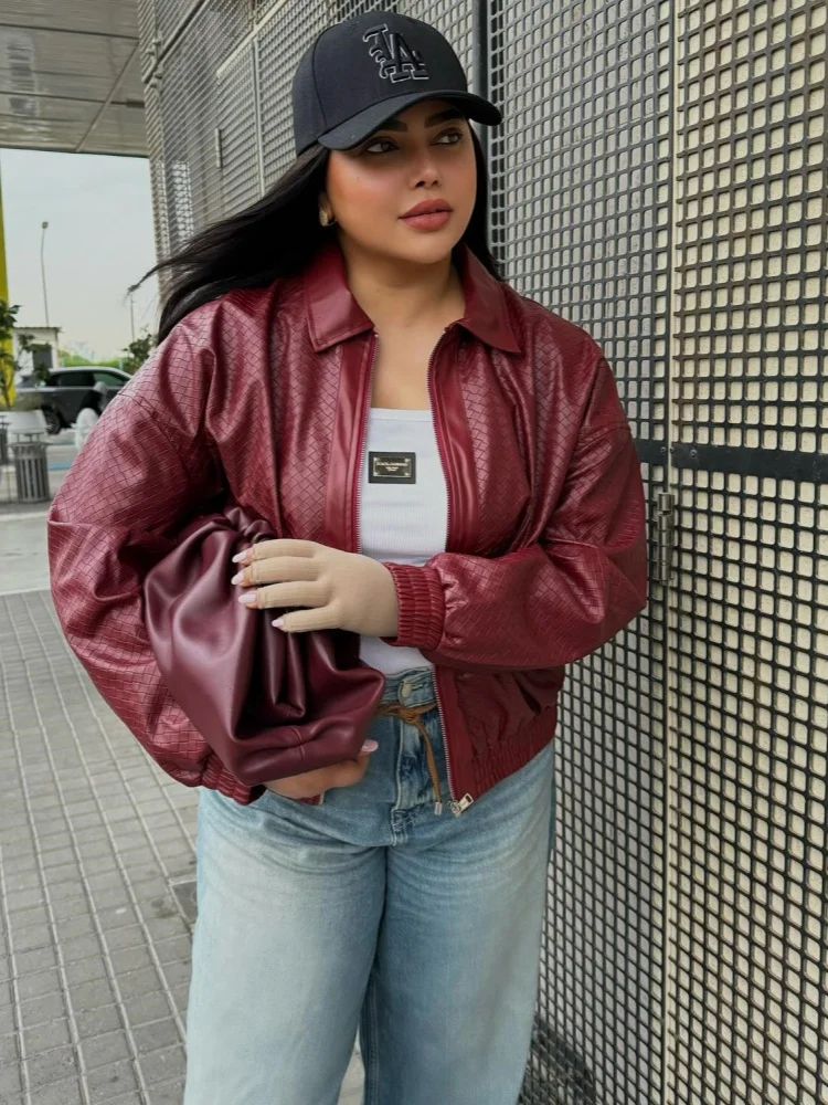 Blouson en cuir tressé à fermeture éclair bordeaux pour femme, blouson aviateur élastique, revers à manches longues, streetwear chic, mode féminine,