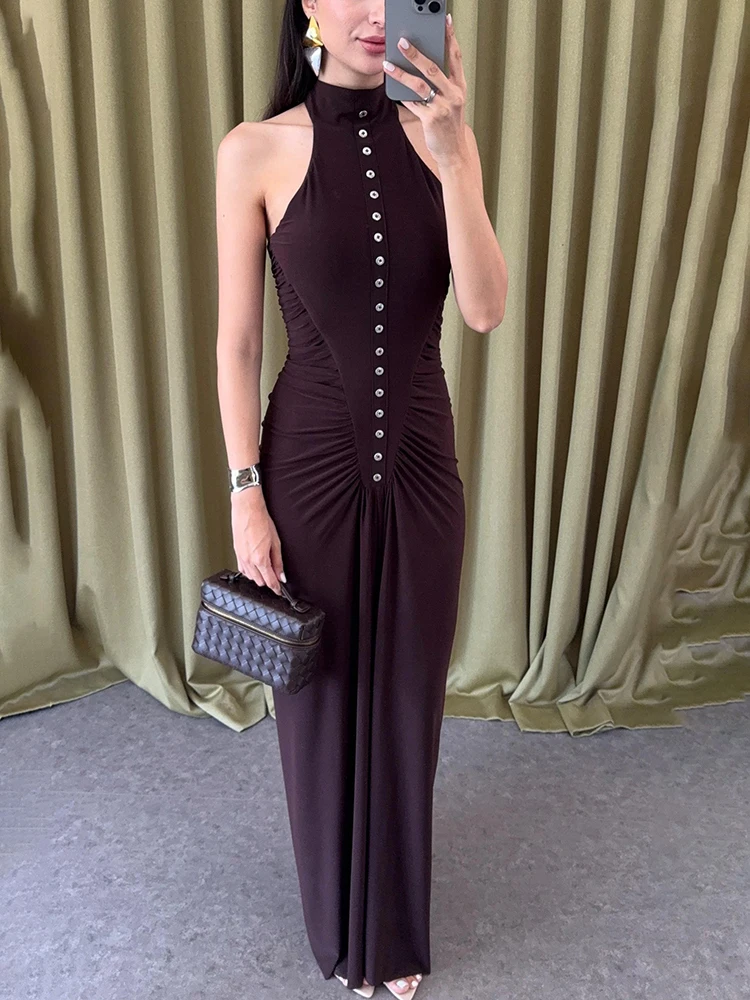 

JULISSA MO Turtleneck Sexy Sleeveless Draped Women Maxi Dress Coffee Single Breasted High Waist Slim Elegant Party Evening Dress