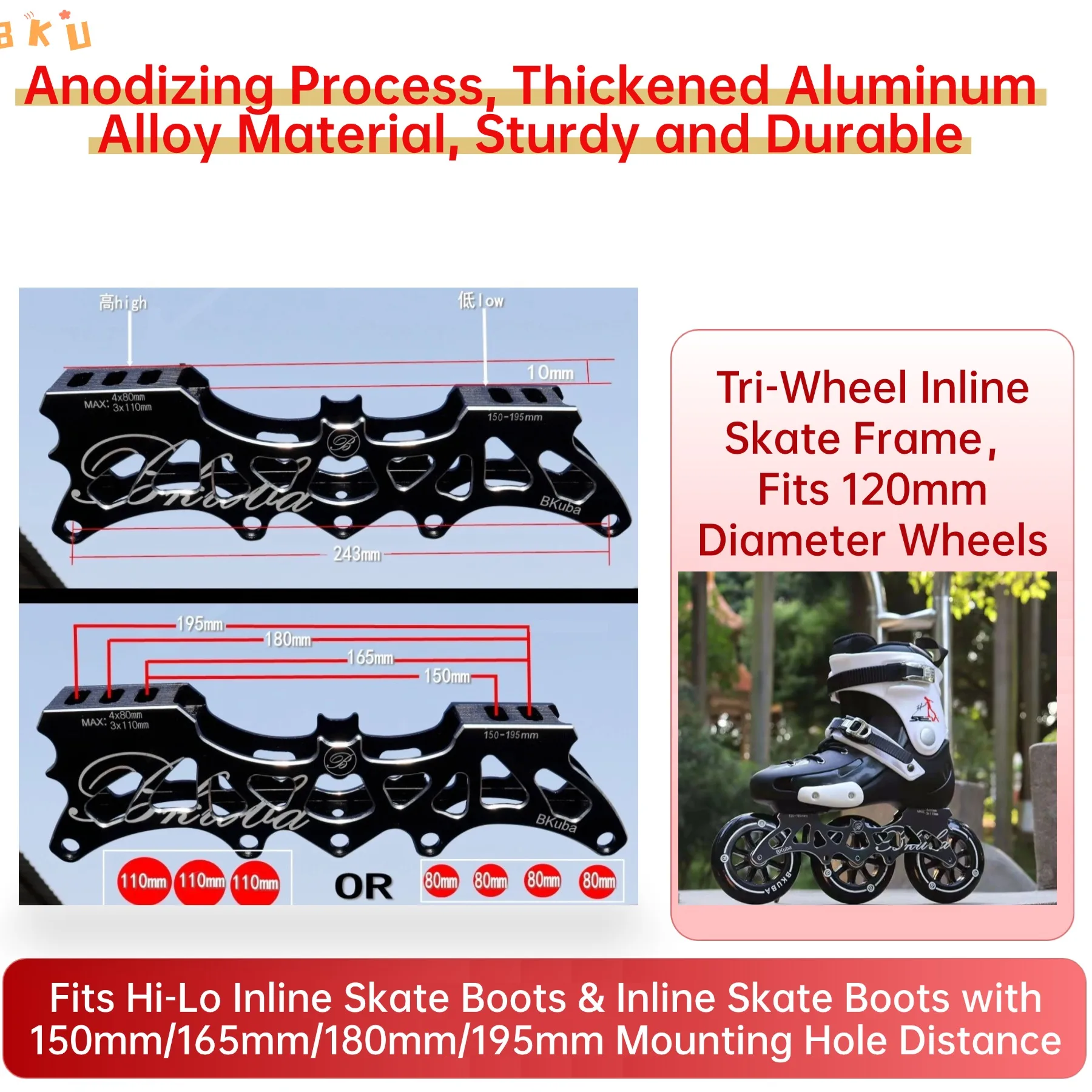 زوج واحد من إطارات التزلج المضمنة ثلاثية العجلات المصنوعة من سبائك الألومنيوم، 3 أنماط (4 · 3 قابلة للتحويل) مع المحاور