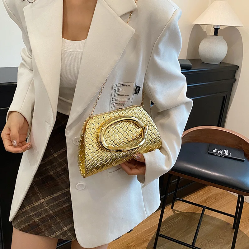 

2025 Quilted Evening Clutch for Women Metal Handle Wristlet Phone Purse with Adjustable Chain Night Out Bag