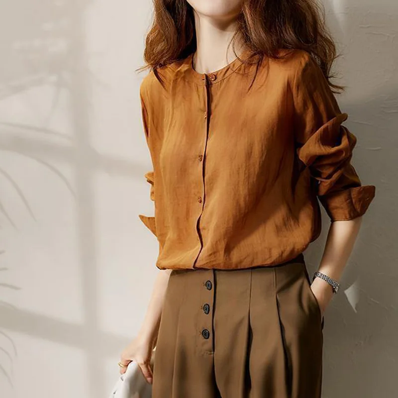 2023 Casual Stand Collar Patchwork Button Blouses Spring Autumn Women\'s Clothing Fashion Korean Caramel Long Sleeve Shirts