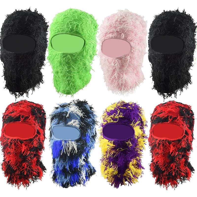 

Hip Hop Balaclava Distressed Knitted Caps Full Face Ski Mask Women Outdoor Camouflage Fleece Fuzzy Ski Balaclava Beanies Men Hat