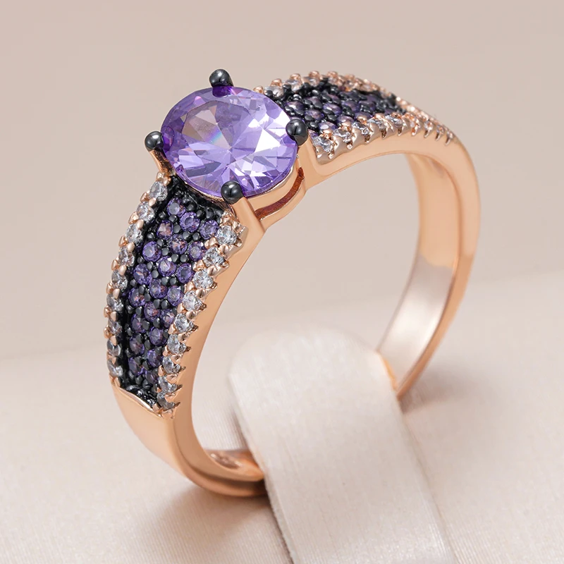 Kinel Luxury Shiny Purple Natural Zircon Wedding Ring For Women 585 Rose Gold and Black Gold Plating Vintage Daily Fine Jewelry