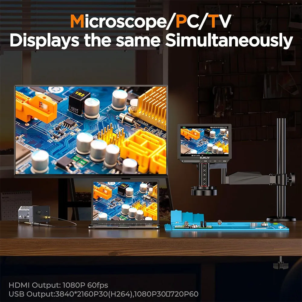 Imagem -05 - Elikliv-microscópio Digital de Foco Automático com Braço Microscópio de Solda Hdmi 4k para Eletrônicos Reparo de Telefone Em4k-af Flex 10.1 2000x