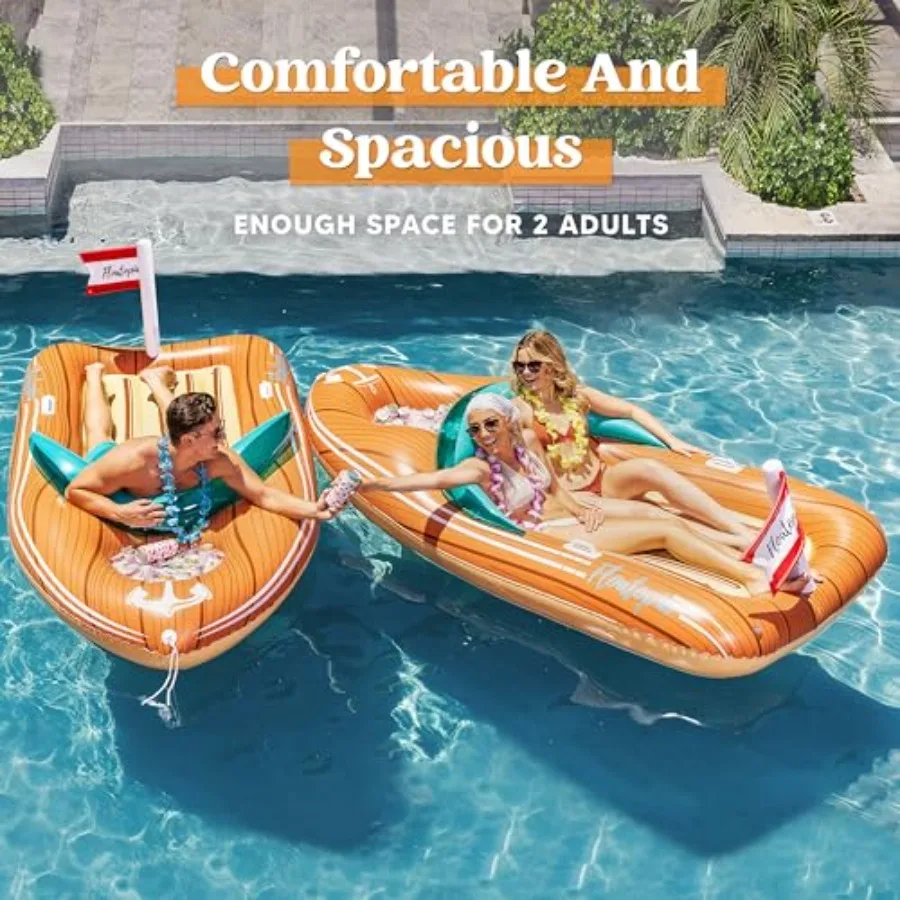 Giant Boat Float With Cooler - Inflatable Pool Float For Summer Parties, Vinyl Material, Blue And White, Reinforced Cooler And